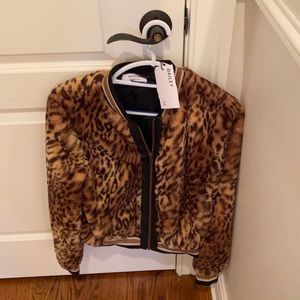 Animal print bomber jacket with embellished sleeves and waist faux fur